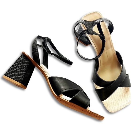Dolce Vita Shoes - Dolce Vita Tiki Square Toe Black Embossed Leather Sandal Block Heel Size 8 NWOB